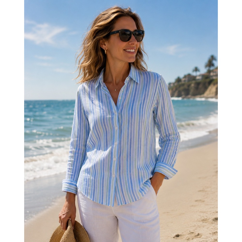 Talbots Linen Button Down Shirt Womens Petite P Blue Green Striped Long Sleeve